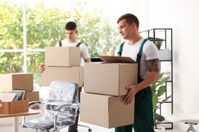 Professional movers carrying cardboard boxes during relocation, handling fragile and heavy items safely.
