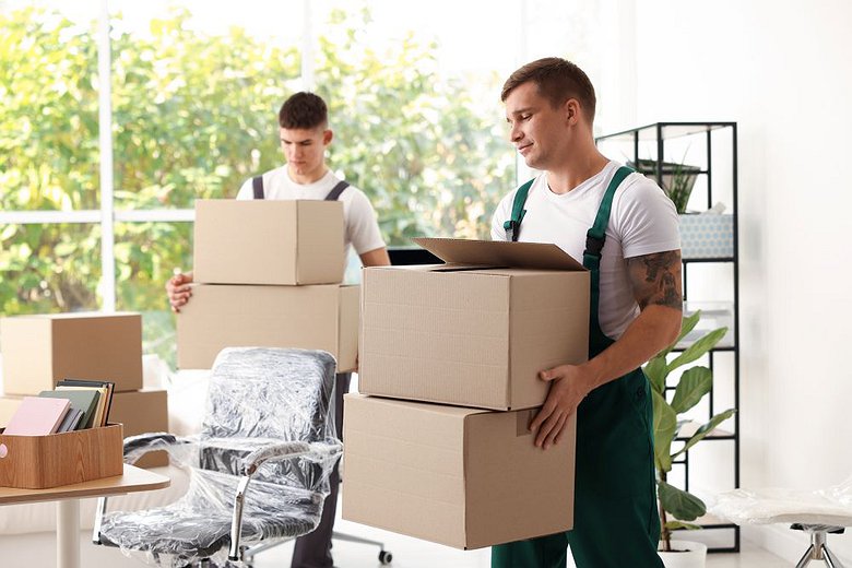 Professional movers carrying cardboard boxes during relocation, handling fragile and heavy items safely.